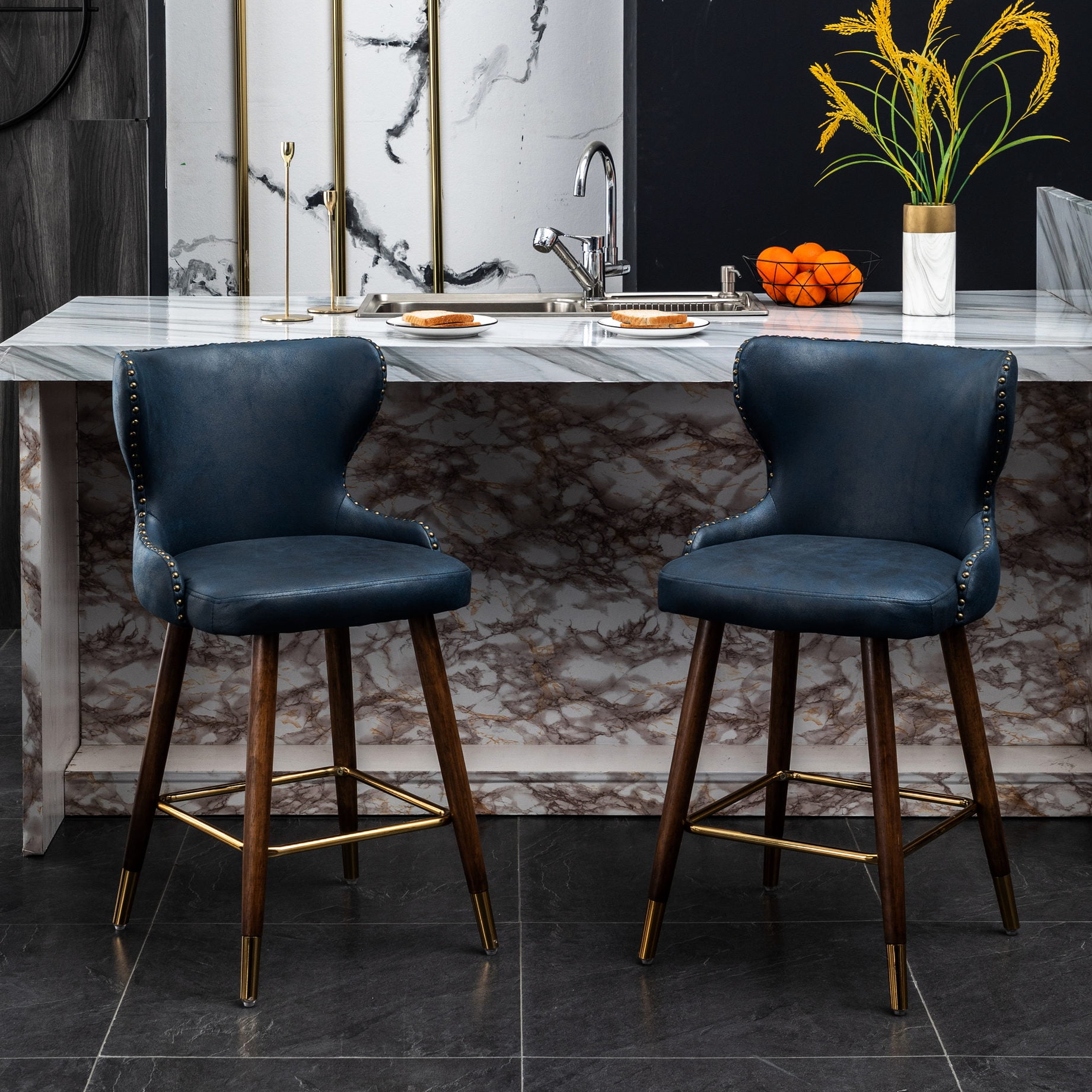 Counter Stools Set in Blue | Wing - back Design for Comfort | Fabric ...