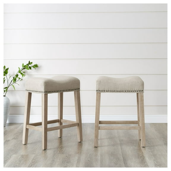 Counter Stools Set of 2, 24 Inch Saddle Stools - Tan Upholstered Backless Bar Stools for Kitchen Island, Dining, Coffee Shop, Rustic Wood Finish