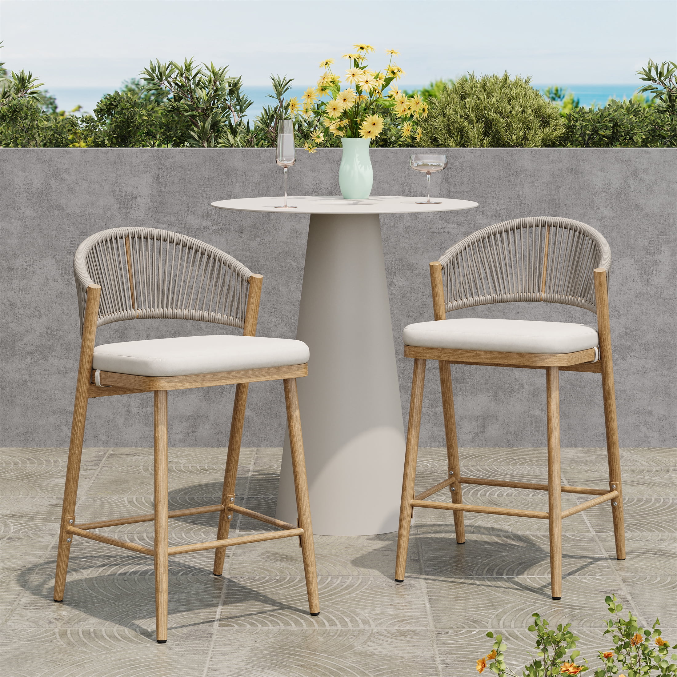 Counter Stools Set of 2, Outdoor 26 Inch Seat Height Aluminum Frame Stools with PE Rattan Scallop-Shaped Backrest, Maple Finish