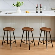 Counter Stools Set of 3, Backless Faux Leather Counter Height Stools, 24 inch Saddle Stools Barstools for Kitchen Island, Brown