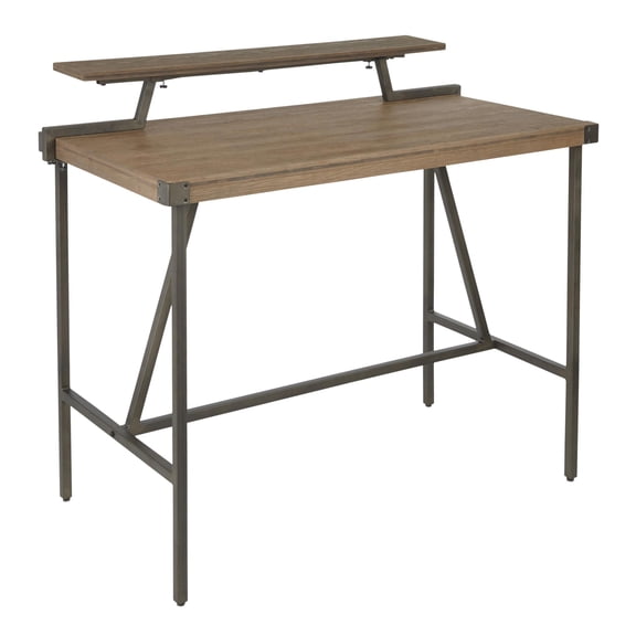 Counter Table with Brown Wood-Pressed Grain Bamboo Top and Antique Metal Frame, Industrial Dining Table with Removable Storage Shelf for Kitchen and Dining Room, Indoor Use Only