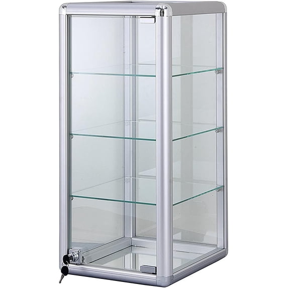 Counter Top Glass Display Showcase with Option for LED Lights -White and Black (Silver Vertical Counter CASE (NO Lights))