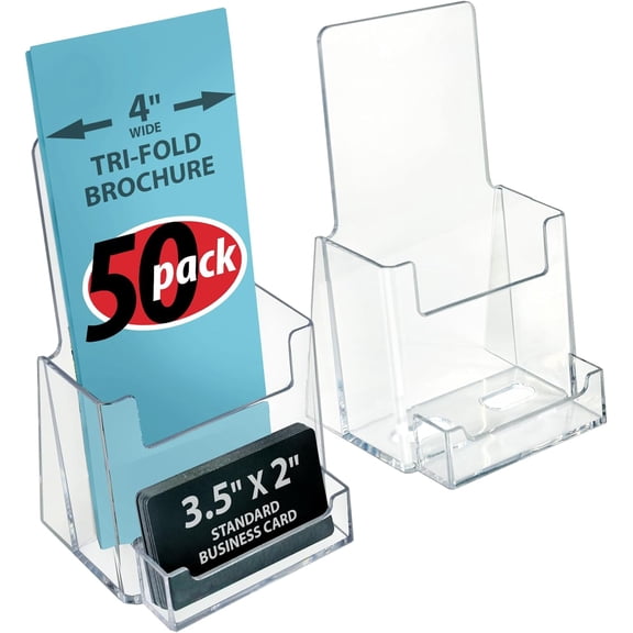 Counter Trifold Brochure Holder with Horizontal Business Card Holder, Brochure Display Stand with Gift Card Pocket Flyer Holder Clear Card Display for Literature, 50-Pack