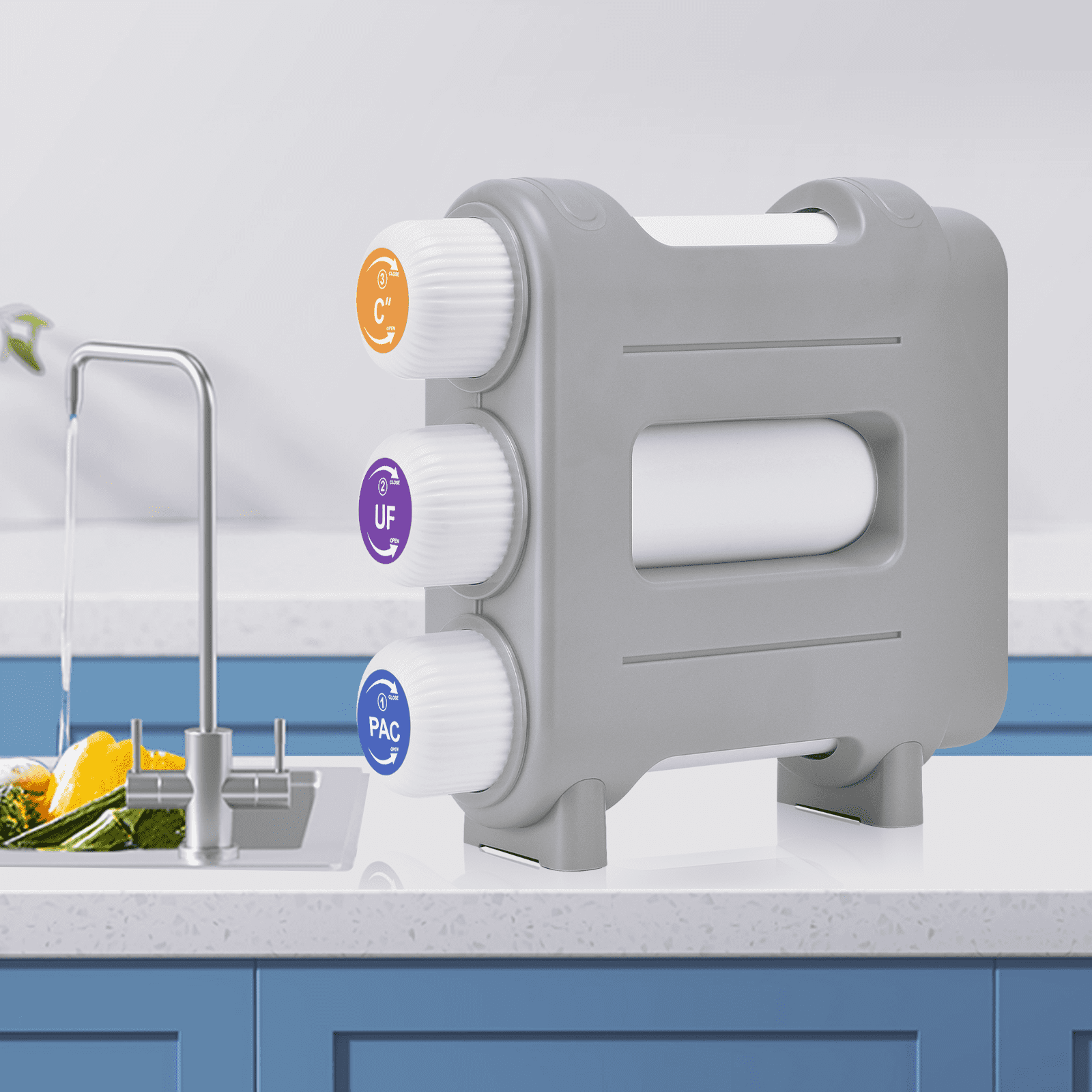 Under Counter Water Filter, 3-Level Filter Water Purifier, Reduces Chlorine Gas and Particulate Matter, Directly Connected to Kitchen or Bathroom Faucet