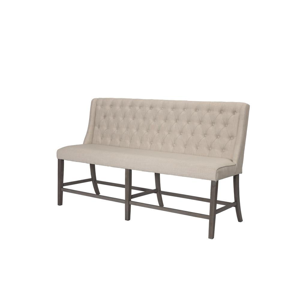 High-Back Rustic Beige Linen & Wood Dining Bench