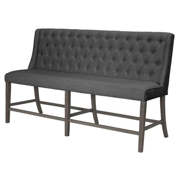 Counter-height Rustic Gray Wood Dining Bench with Tufted Gray Linen