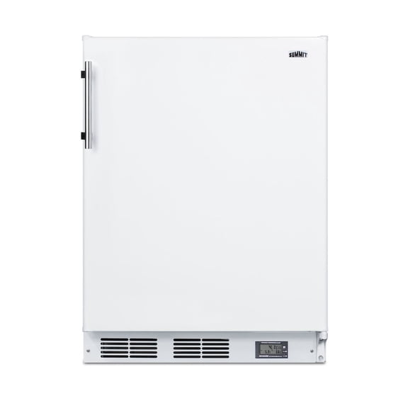 Counter height break room refrigerator-freezer in white with NIST calibrated thermometer and alarm