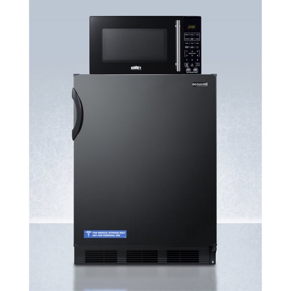 Counter height refrigerator-freezer and compact microwave in black with allocator and USB ports for 1-plug operation; ships in three boxes on one pallet