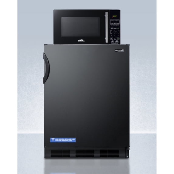 Counter height refrigerator-freezer and compact microwave in black with allocator and USB ports for 1-plug operation; ships in three boxes on one pallet