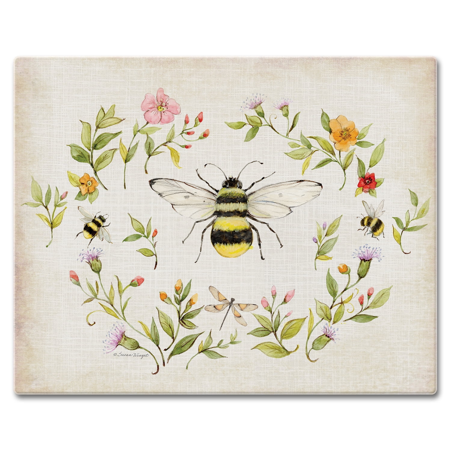 Bee Wreath Rectangular Tempered Glass Cutting Board 15" x 12"