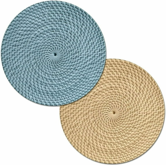 CounterArt Blue and Natural Basket Weave Design Round Reversible Easy Care Plastic Placemat Set of 2 Made in The USA
