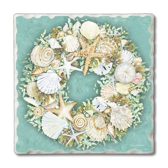 CounterArt "Coastal Wreath" Single Image Absorbent Stone Tumbled Tile Coaster 4 Pack