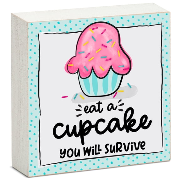 CounterArt "Eat A Cupcake" Artistic Freestanding Solid Wood Block Sign 3.75” Square