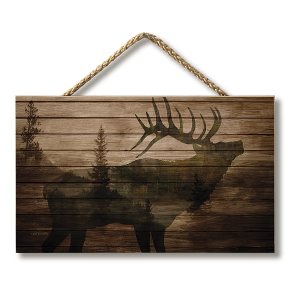 Highland Home "Elk In The Woods" Hanging Wood Wall Sign 9.5 by 5.75