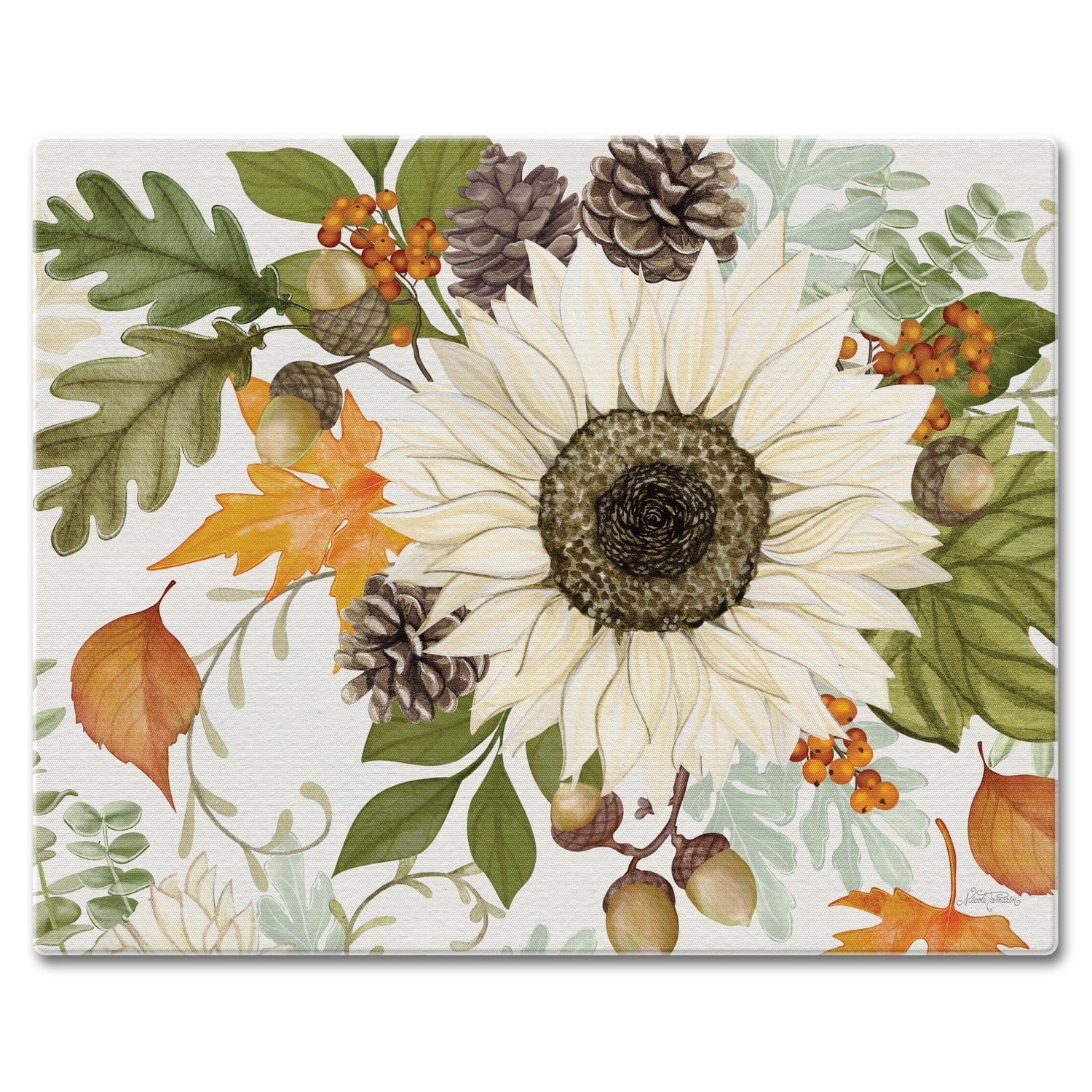 CounterArt Fall Leaves & Acorns 3mm Tempered Glass Cutting Board 15" by 12"