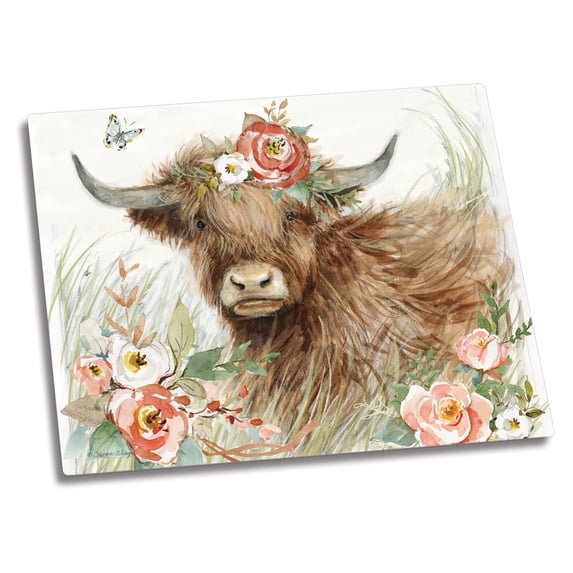 CounterArt Highland Cow Bloom Tempered Glass Cutting Board 10" by 8"