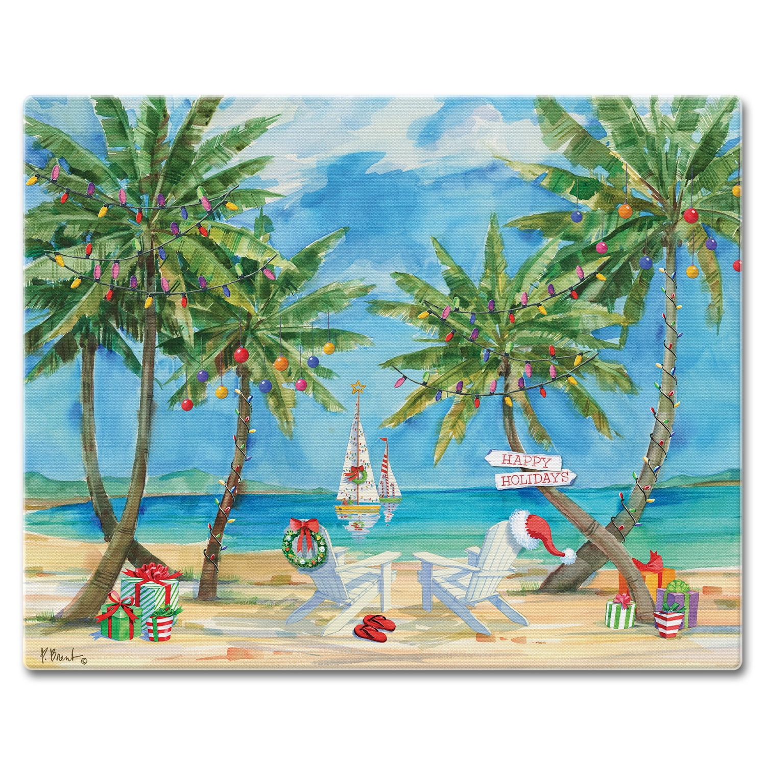 Holiday Palms Rectangular Tempered Glass Cutting Board
