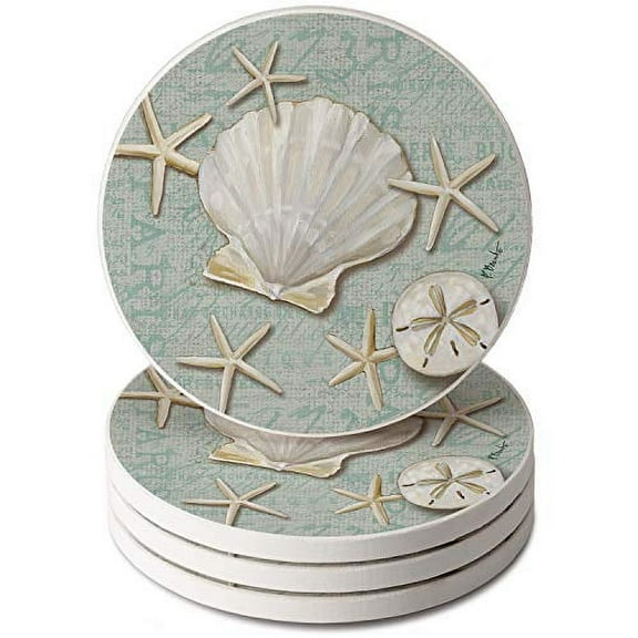 CounterArt "Linen Shells" Round Single Image Absorbent Stone Coaster 4 Pack