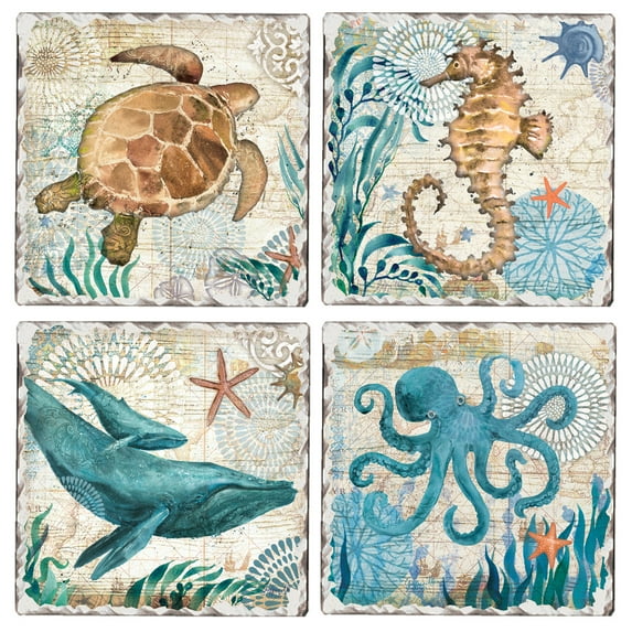 CounterArt "Monterey Bay" 4 Pack Absorbent Stone Tumbled Tile Coasters 4" Square