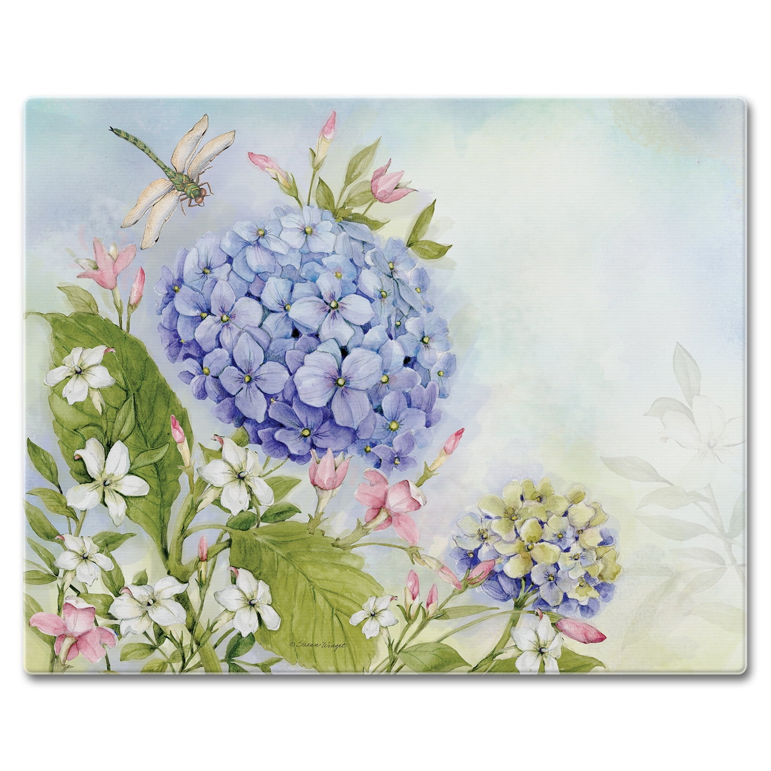 Dragonfly Hydrangea Tempered Glass Cutting Board 15" x 12"