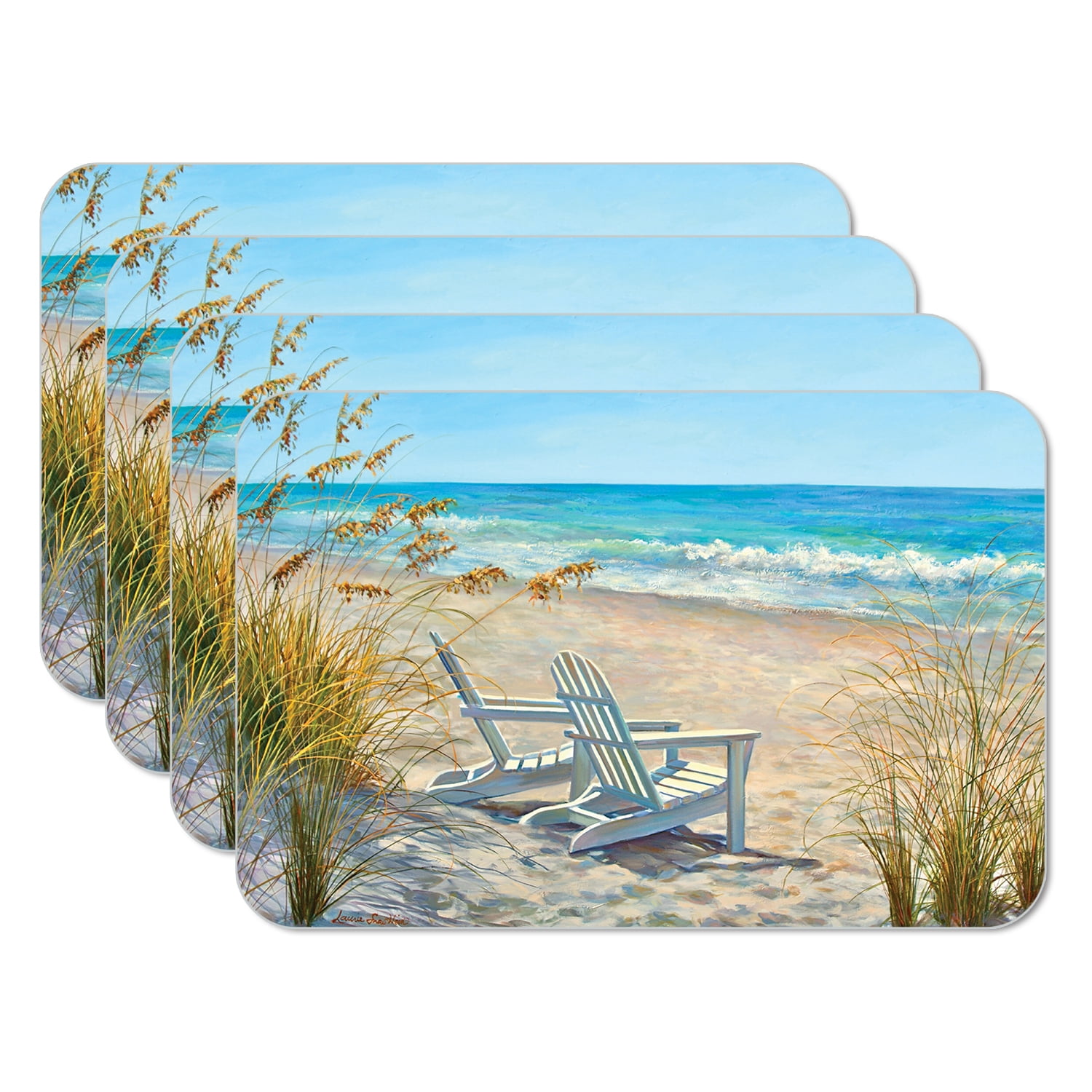 Ocean Views Rectangular Blue and Beige Plastic Placemats Set