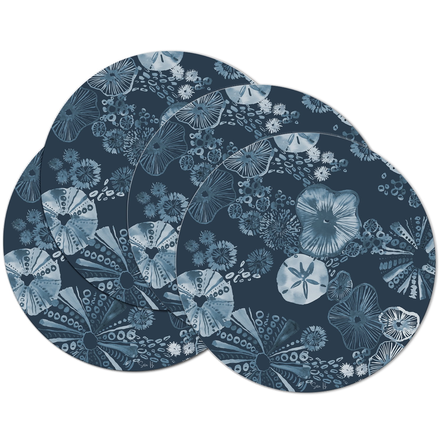 Tidal Shells Blue and White Round Reversible Plastic Placemats