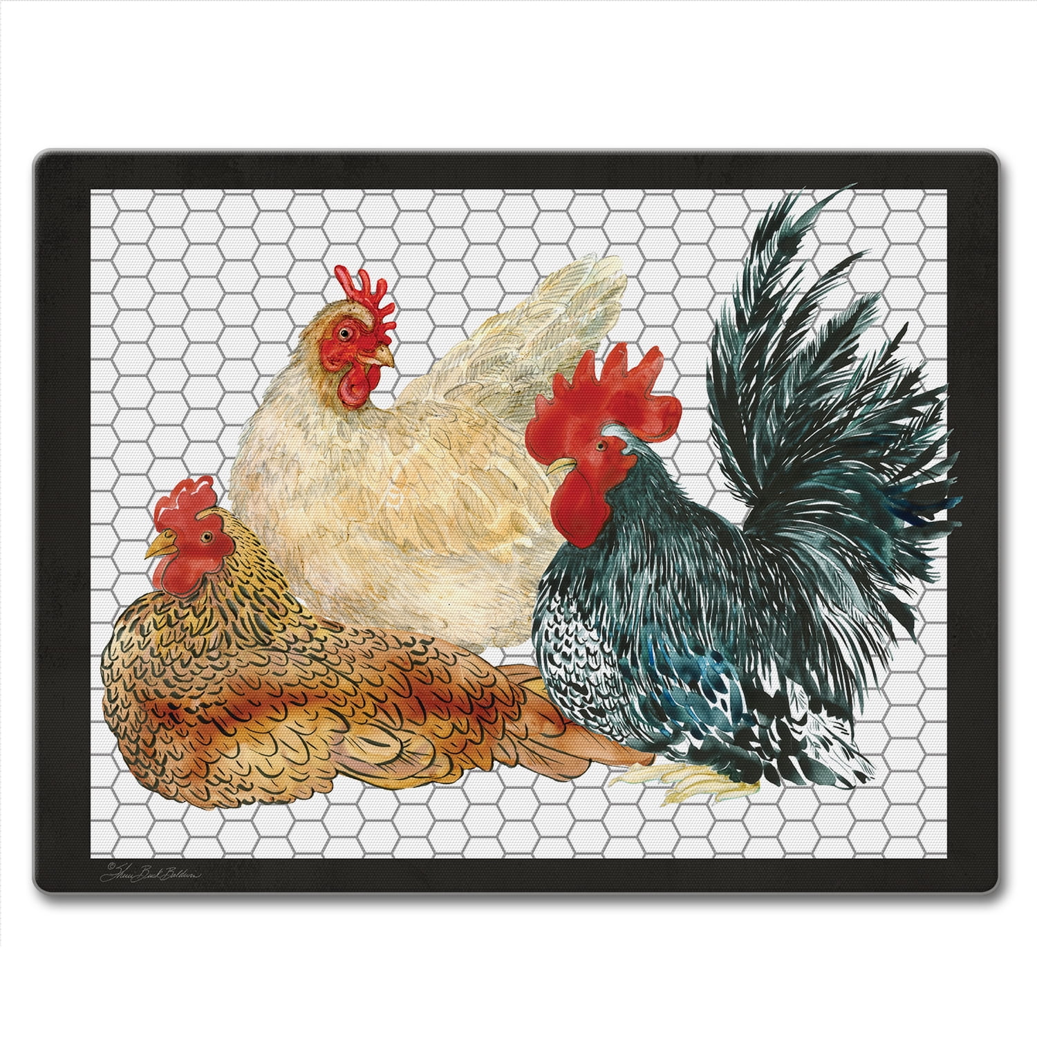 Whimsical Roosters Tempered Glass Cutting Board 10" x 8"