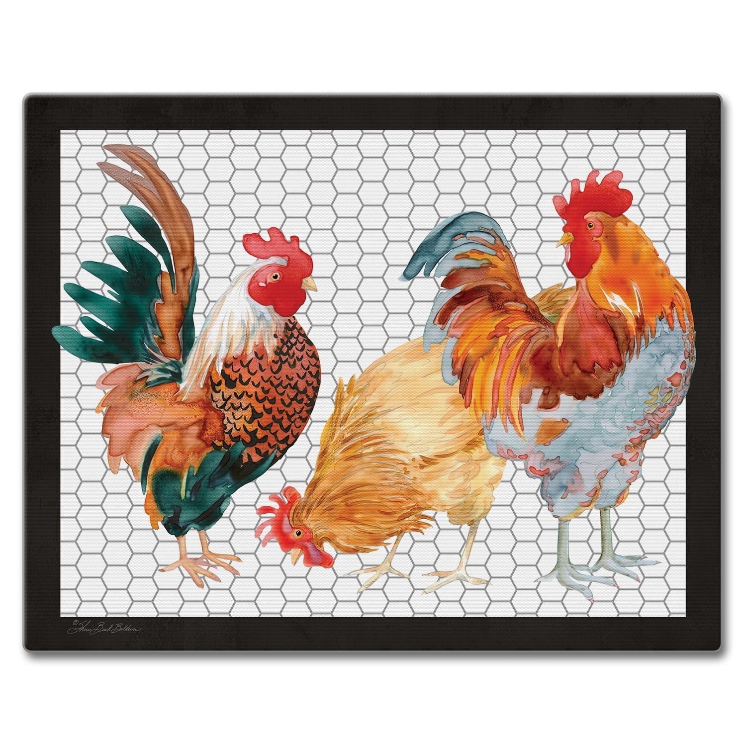 CounterArt Whimsical Roosters 3mm Tempered Glass Cutting Board 15" by 12"