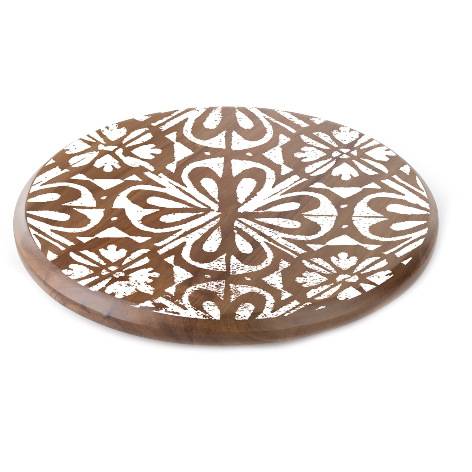 CounterArt White Tile Medallion Round Acacia Wood Lazy Susan Turntable