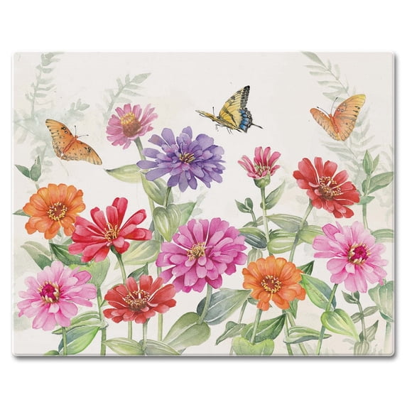CounterArt Zinnias & Butterflies 3mm Tempered Glass Cutting Board 15" by 12"