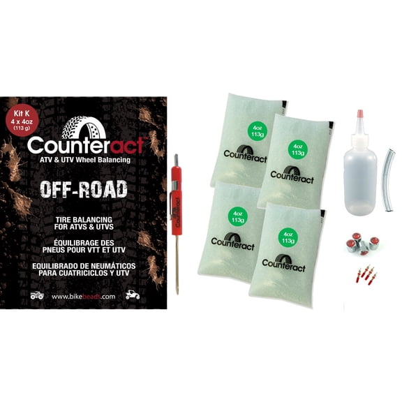 Counteract KIT-K ATV/UTV Do It Yourself Tire/Wheel Balancing Beads Kit - (4) 4oz DIY Bead Bags, (4) Valve Caps and Cores, (1) Core Remover, Injector Bottle