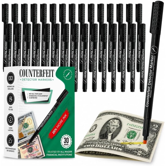 Counterfeit Money Detector Pen – 30 Pack Counterfeit Pens for Cash Handling, Money Marker Bill Detector Pen for Accurate Currency Verification, Essential Tool for Cashiers & Small Businesses