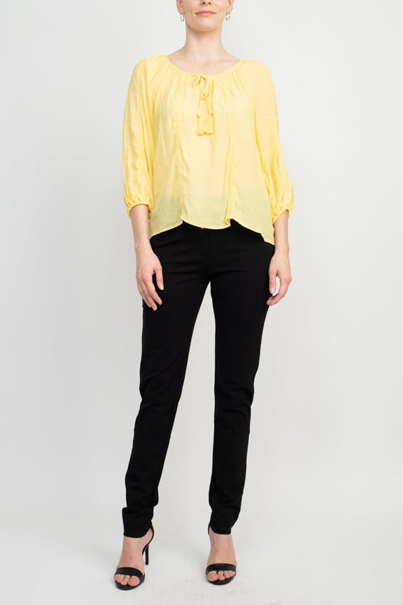 Counterparts Scoop Neck Tie Neck 3-4 Sleeve Solid Crepe Chiffon Top-SUNSHINE / S
