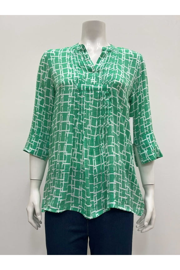Women printed 3/4 sleeve pintuck front split neck tunic Blouse , Apple/White , L