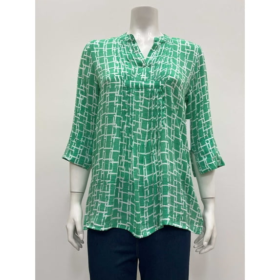 Counterparts Womens printed 3/4 sleeve pintuck front split neck tunic Blouse , Apple/White , S