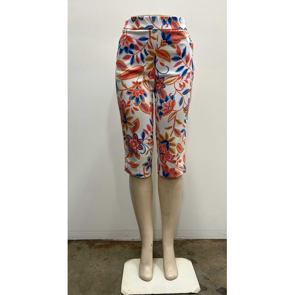 Counterparts Womens printed pull on stretch front pockets slits hem Pedal Pusher with waistband charm , Pink Multi , M