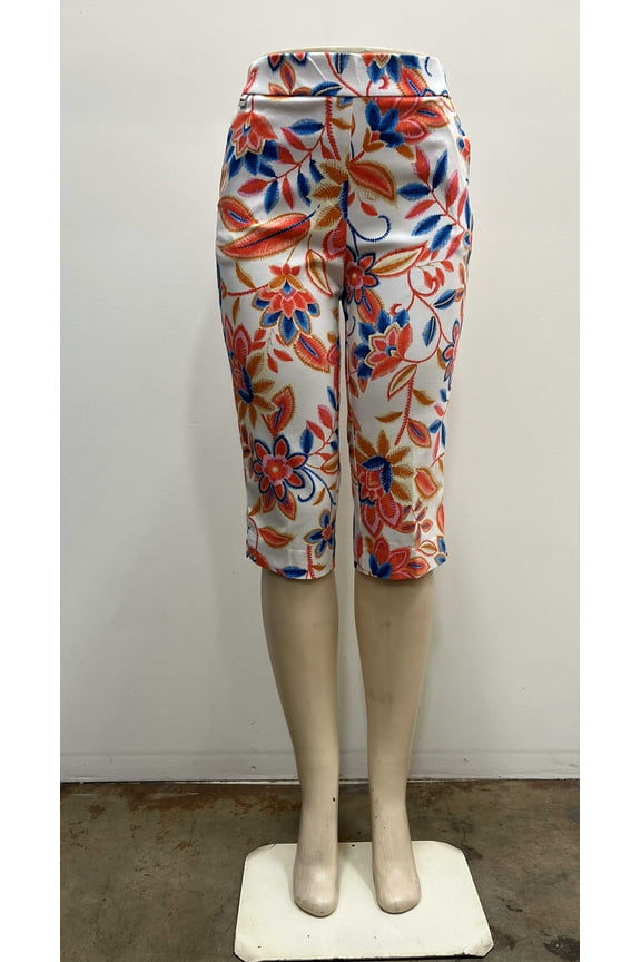 Womens printed pull on stretch front pockets slits hem Pedal Pusher with waistband charm , Pink Multi , M