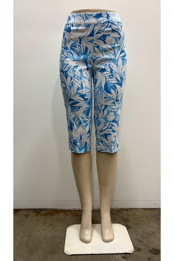 Womens printed pull on stretch welt pockets slits hem Pedal Pusher , Blue , S