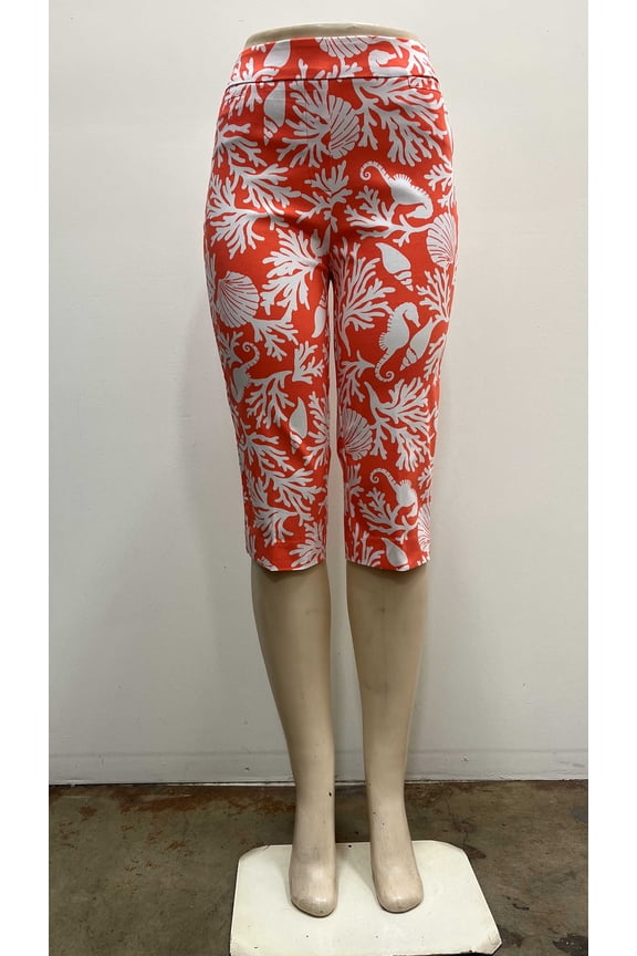 Womens printed pull on stretch welt pockets slits hem Pedal Pusher , Reef , S
