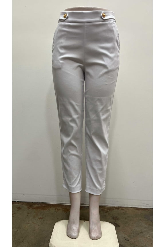 Womens pull on stretch ankle length front slash pockets Pants with shank buttons on waist and slits hem , White  , M