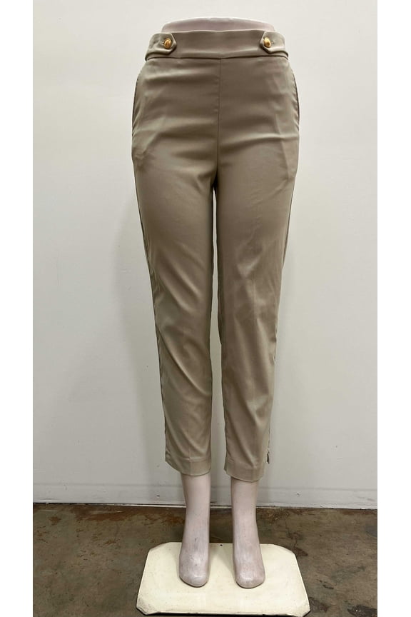 Womens pull on stretch ankle length front slash pockets Pants with shank gold buttons on waist and slits hem , Sand , S