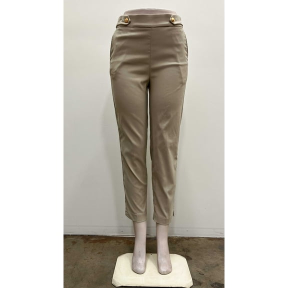 Counterparts Womens pull on stretch ankle length front slash pockets Pants with shank gold buttons on waist and slits hem , Sand , XL
