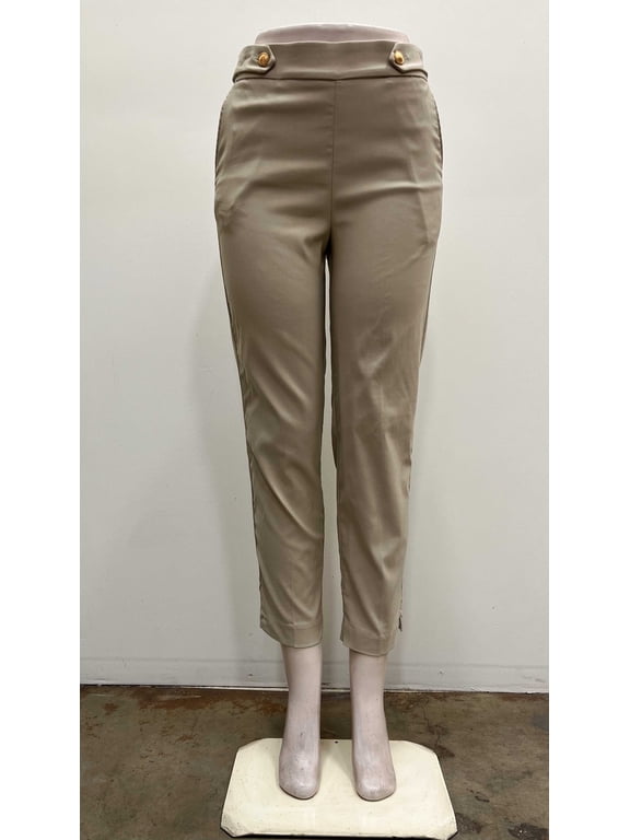 Womens pull on stretch ankle length front slash pockets Pants with shank gold buttons on waist and slits hem , Sand , XL