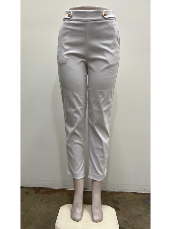 Womens pull on stretch ankle length front slash pockets Pants with shank gold buttons on waist and slits hem , White , XL