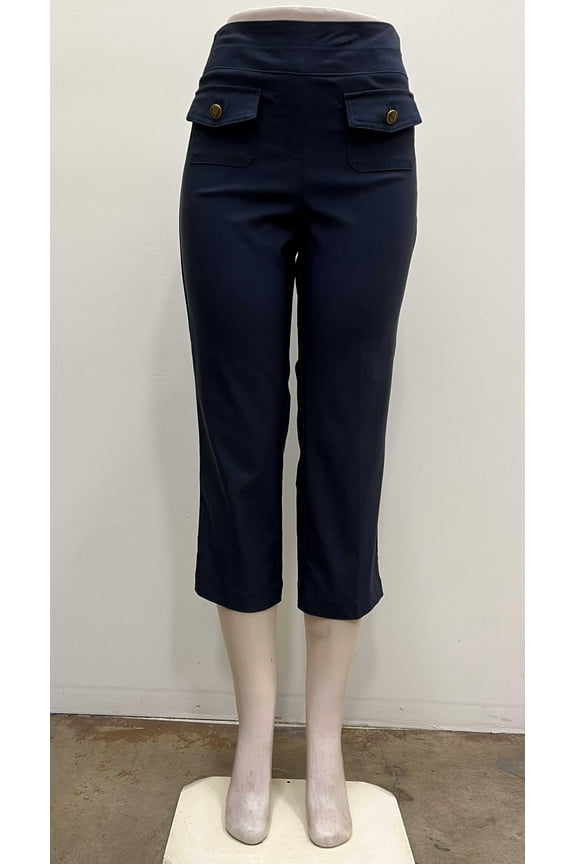 Womens pull on stretch button patch front pockets straight Crop , Black , S