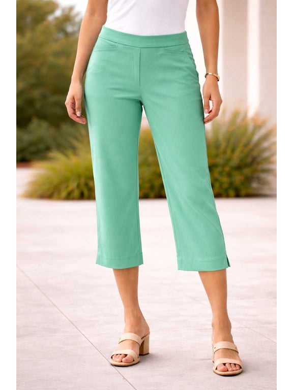 Womens pull on stretch cat eye pockets straight Capri with slits on hem