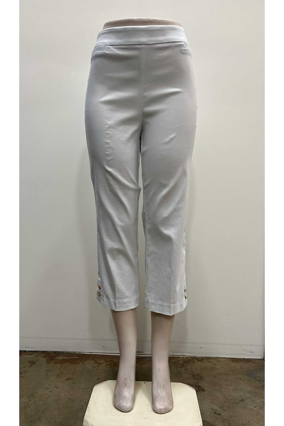 Womens pull on stretch faux welt pockets Crop with knot gold buttons on hem , White , M