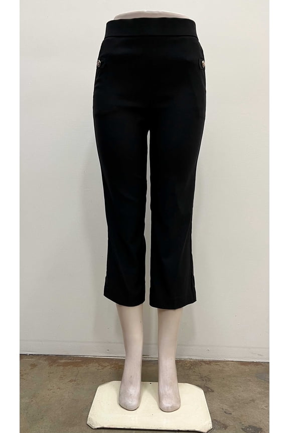Womens pull on stretch front pockets button tab slim Crop , Black , S