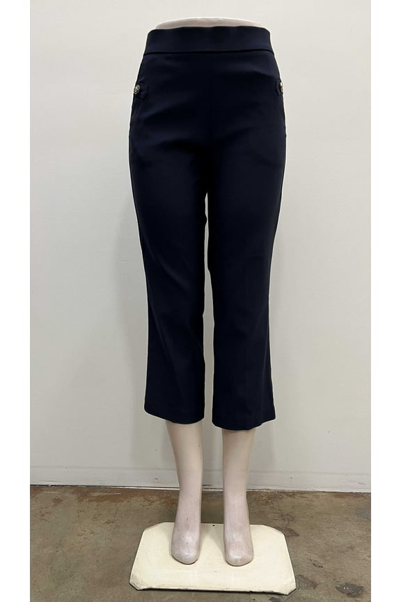 Womens pull on stretch front pockets button tab slim Crop , Navy , S