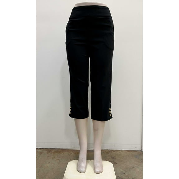 Counterparts Womens pull on stretch front slash pockets Crop with crest gold buttons on hem , Black , S